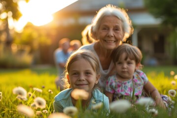 Grandmother with Granddaughters Smiling Together