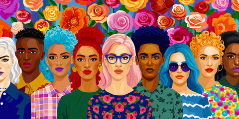 Illustration pop art, bannière, texture ou arrière-plan représentant le féminisme, la journée de la fierté et la communauté LGBT avec des personnes diverses. - obrazy, fototapety, plakaty