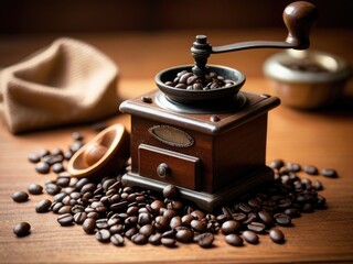 Vintage coffee grinder with coffee beans around it