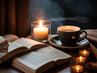 A cozy corner with a book a candle and a cup of coffee