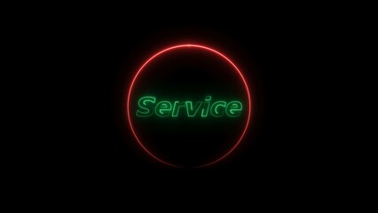 Turquoise color neon service text glowing red color circle  on the black background 4k illustration.