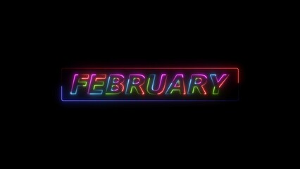 February neon colorful glowing neon light text illustration. Rectangle frame neon light glowing black background illustration.