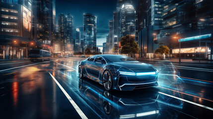 Autonomous self driving electric car rides on the road 3d rendering - obrazy, fototapety, plakaty