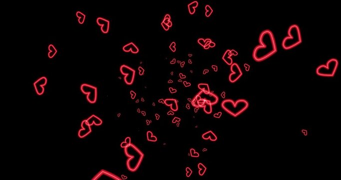 Abstract effect material with outlined red glowing heart particles popping out from the center (black background). Image for Valentine's Day, Anniversary, Mother's Day, Marriage.