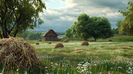 Fototapeta na wymiar An old wooden barn stands in a field of hay bales and wildflowers, capturing the essence of rural life at dusk.