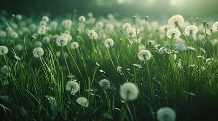 The first light of dawn gently illuminates a field of whispering dandelions, with seeds ready to embark on the wind's journey.