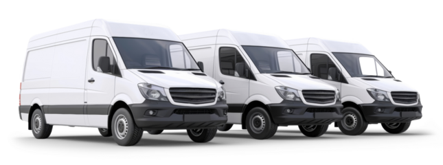 Three white cargo vans in a row on white or transparent background