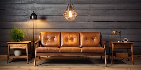 Retro decor includes leather sofa, wooden table, and ceiling light.