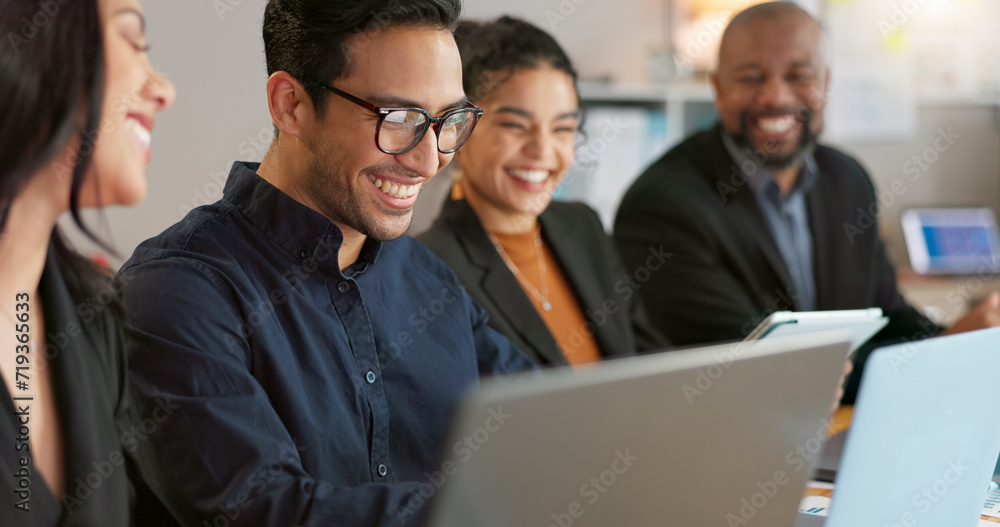 Poster man, presenter and collaboration with team in office for startup, strategy or business planning in n