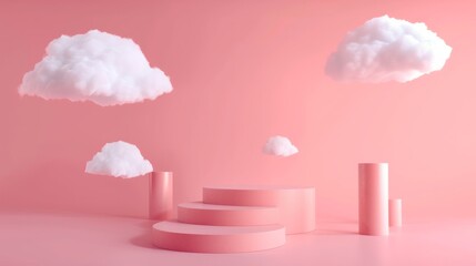 3d render, minimal digital illustration. White clouds floating above the round podium