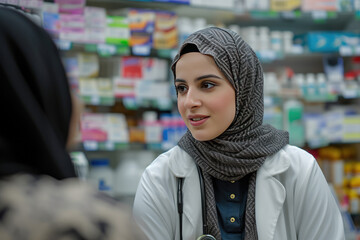 Farmacéutica musulmana con la cabeza cubierta con un colorido hiyab atendiendo a un paciente o cliente en una farmacia. - obrazy, fototapety, plakaty