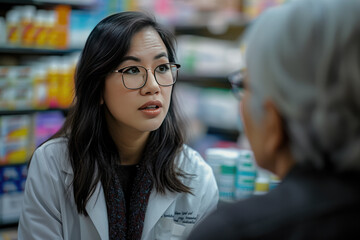 Farmacéutica oriental con gafas atendiendo a un paciente o cliente en una farmacia. - obrazy, fototapety, plakaty