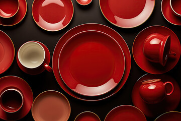 Colorful Table Setting With Red Plates and Bowls. Flat Lay Top View Creative Color Design Concept - obrazy, fototapety, plakaty