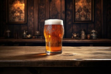 A glass of beer on a wooden table at night, A glass of beer on a Wooden table, backdrop bar beverages blurred view table wooden background beer counter,  Ai generated