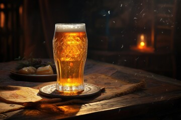 A glass of beer on a wooden table at night, A glass of beer on a Wooden table, backdrop bar...
