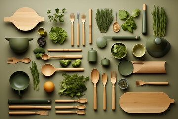 A green table covered in various types of utensils arranged in a creative and colorful design concept. Flat Lay Top View  - obrazy, fototapety, plakaty