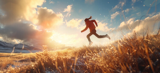 Concepto persona saltando libre en un campo a plena luz del día de tare con montañas de fondo.