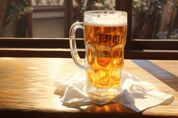 A glass of beer on a wooden table at night, A glass of beer on a Wooden table, backdrop bar beverages blurred view table wooden background beer counter,  Ai generated