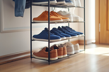  a rack of with shoes sitting on it on the floor in a 