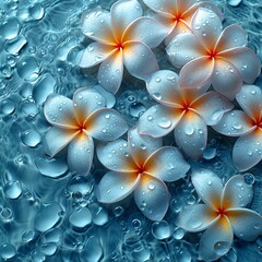 Tropical frangipani flower on blue and clear water. Close-up. Concept: spring, wallpaper, flora, background
