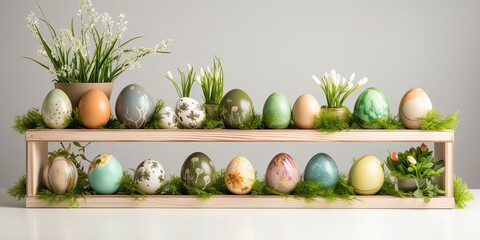 Easter-themed wooden display with painted eggs and green grass.