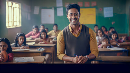 cadid shot of smiling male teacher in a class at elementary school looking at camera with learning smiling students on background - obrazy, fototapety, plakaty