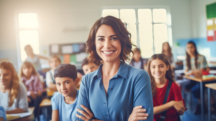 cadid shot of smiling male teacher in a class at elementary school looking at camera with learning smiling students on background
