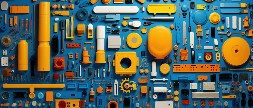 A flat lay top view image showcasing a vibrant assortment of various tools in blue and yellow colors arranged on table.
