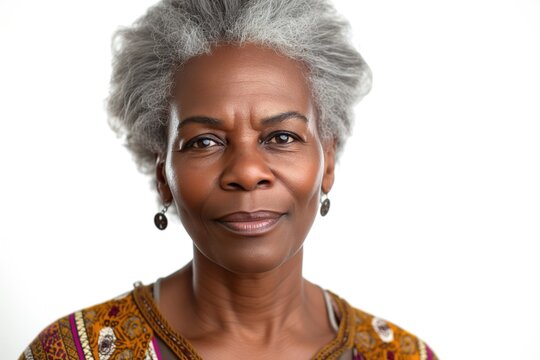 portrait of a senior old black african american woman with grey hair, studio photo, isolated on white background