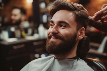 a handsome model man with a beard in the hairdresser barbershop salon gets a new haircut trim and style it. sitting on the chair and talks to the hairstylist barber. guy smiling. - obrazy, fototapety, plakaty
