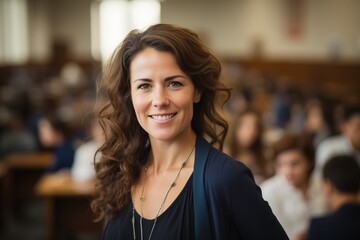 a photo portrait of a beautiful young female american school teacher standing in the classroom. students sitting and walking in the break. blurry background behind