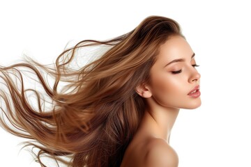 Fototapeta premium beautiful young female model woman shaking her beautiful hair in motion. ad for shampoo conditioner hair products. isolated on white background