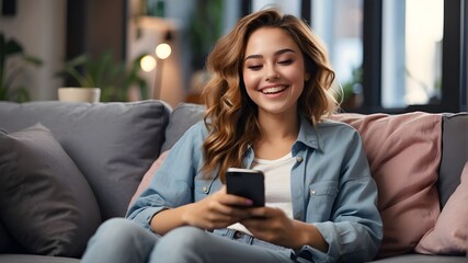 This cheerful, laid-back young girl is using a smartphone while lounging on the couch. She is grinning and laughing as she looks at her phone and enjoys watching movies or shopping online using mobile - obrazy, fototapety, plakaty