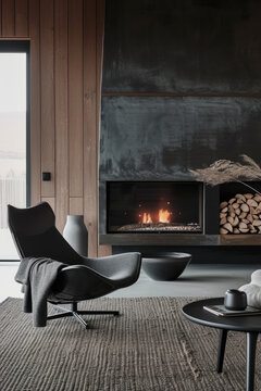 Sal&oacute;n moderno, con chimenea y madera ardiendo, muebles modernos, y gran ventanal en vertical.