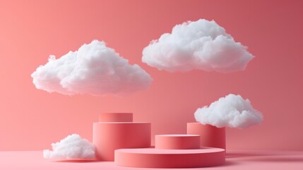 3d render, minimal digital illustration. White clouds floating above the round podium, empty stage, cylinder pedestal steps. Objects isolated inside pink room, modern fashion concept