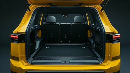 Huge, clean and empty car trunk in interior of compact suv. Rear view of a yellow SUV car with open trunk. Generative AI