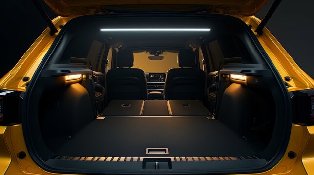 Huge, clean and empty car trunk in interior of compact suv. Rear view of a yellow SUV car with open trunk. Generative AI