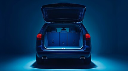 Huge, clean and empty car trunk in interior of compact suv. Rear view of a bleu SUV car with open trunk. Generative AI - obrazy, fototapety, plakaty