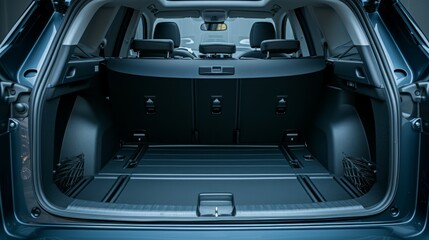 Huge, clean and empty car trunk in interior of compact suv. Rear view of a bleu SUV car with open trunk. Generative AI