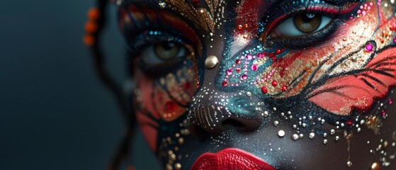 Captivating, Multifaceted Makeup Artistry With Exquisite Detailing On Female Models' Faces. Сoncept Glamorous Beauty Looks, Creative Face Paint, Dramatic Eye Makeup, Bold Lip Art