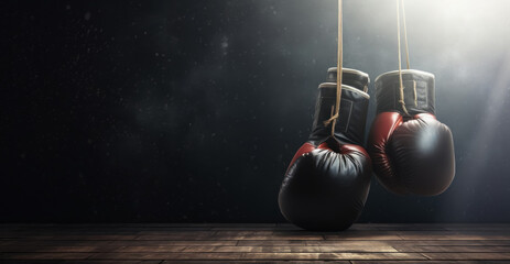 A pair of boxing gloves in close-up on a dark wall in the hall, illuminated by a beam of light, copy space. A sports-themed banner