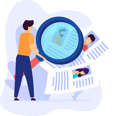 Job recruiter studying candidate profiles with magnifying glass. Detailed examination of resumes by HR specialist. Hiring manager searching for perfect applicant in employment process.