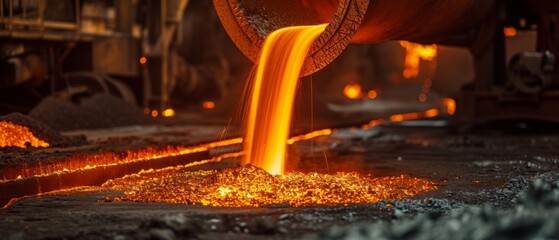 Molten Steel Flowing Out Of A Ladle In A Metallurgical Process. Сoncept Steel Casting, Metallurgical Processes, Ladle Pouring, Molten Steel Flow, Industrial Photography