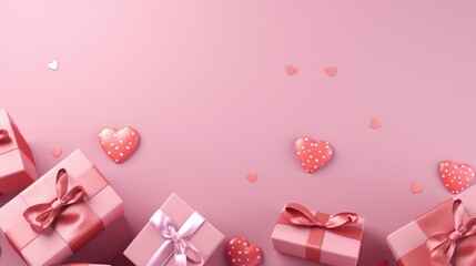 Drawn gifts with hearts on a pink background. Valentine's Day. Top view