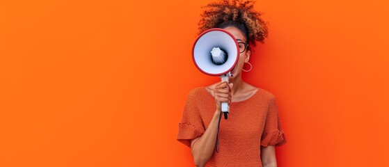 Person With Megaphone Promotes Marketing And Sales Against Vibrant Orange Backdrop. Сoncept Megaphone Marketing, Sales Promotion, Vibrant Orange Backdrop - obrazy, fototapety, plakaty