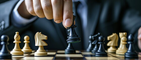 Professional Strategizing A Businessman Tactfully Maneuvers A Chess Piece On The Board. Сoncept Business Strategy, Chess Maneuvers, Tactful Businessman, Professional Decision-Making - obrazy, fototapety, plakaty