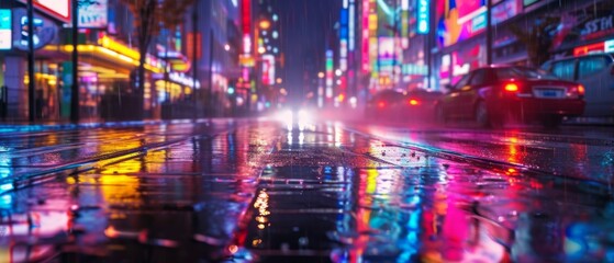 Fototapeta na wymiar Raindrenched City Street With Vibrant Light And Artistic Graffiti Wall At Night. Сoncept Nature-Inspired Landscapes, Urban Cityscape, Candid Street Photography, Abstract Architectural Shots
