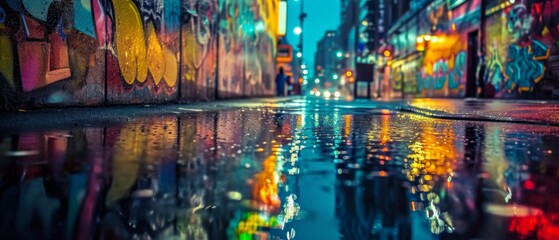 A Nighttime City Street Immersed In Rain, Vibrant Light, And Artistic Graffiti Wall. Сoncept Nighttime Rainy Cityscape, Vibrant Street Lights, Artistic Graffiti Wall, Moody Atmosphere
