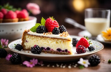 Slice of tasty sweet cake with cream