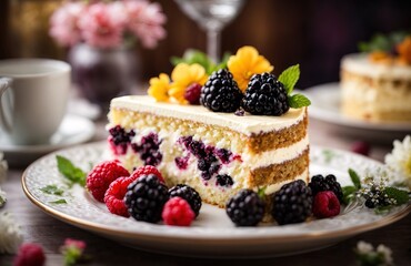Slice of tasty sweet cake with cream